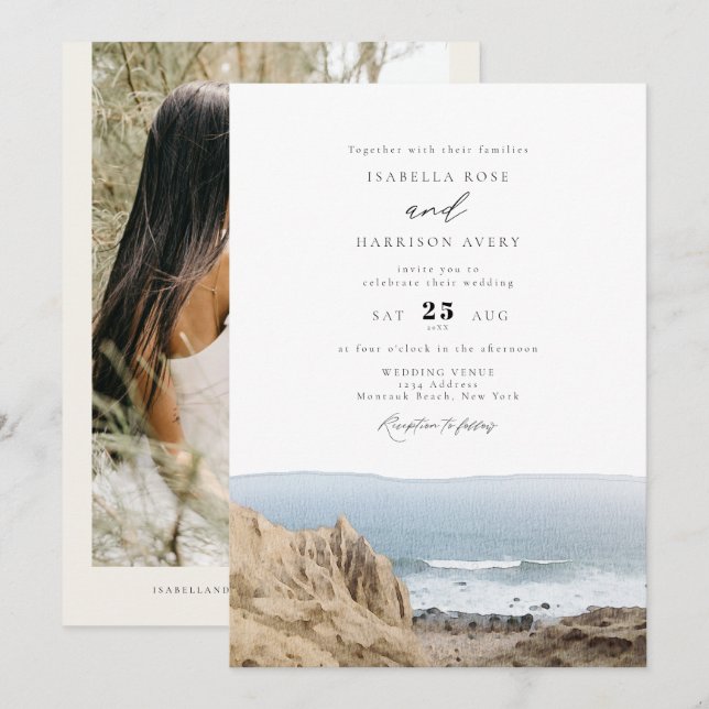 MONTAUK Beach New York Watercolor Wedding Invitation (Front/Back)
