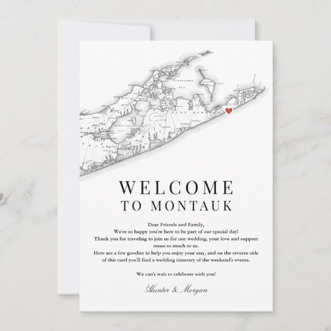 Montauk NY Map Wedding Welcome Letter Black White Thank You Card (Front)