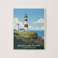 Montauk Point Lighthouse, Coastal Cliff & Sailboat