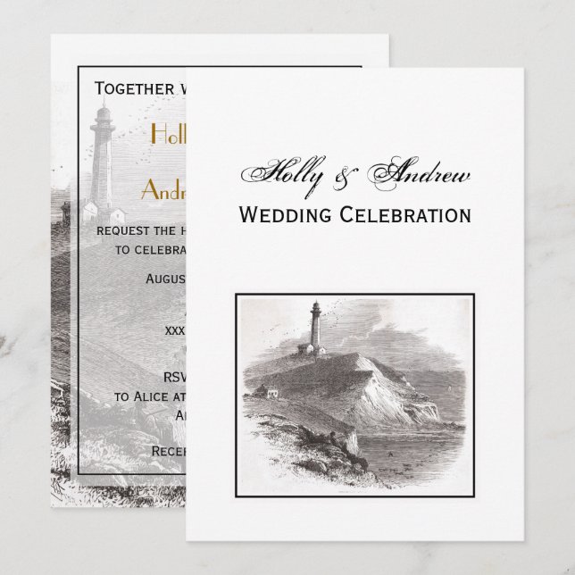 Montauk Point Lighthouse Hamptons Wedding V Invitation (Front/Back)