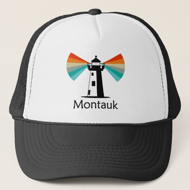 Montauk Point New York Lighthouse Rainbow Trucker Hat (Front)