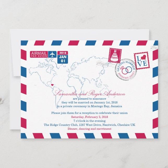Montego Bay Jamaica Airmail Post Wedding Reception Invitation (Front)