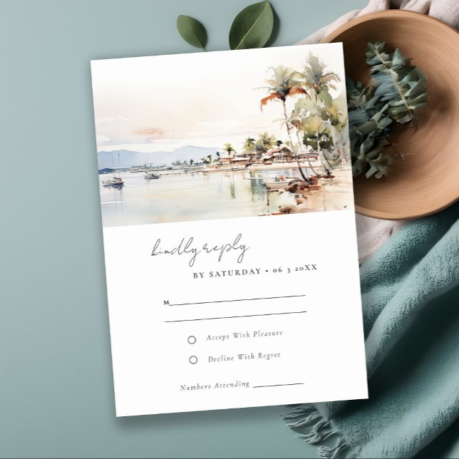 Montego Bay Jamaica Watercolor Landscape Wedding RSVP Card (Creator Uploaded)