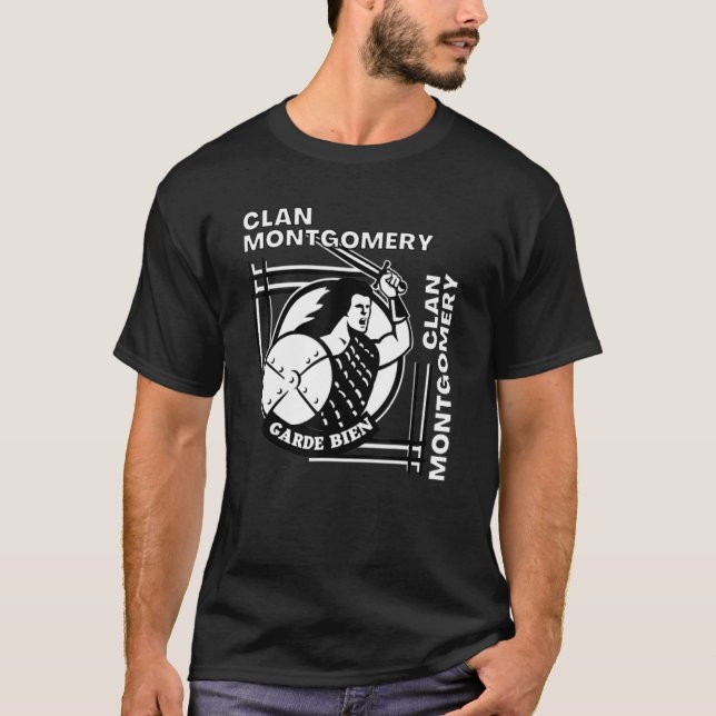 Montgomery Clan Gaelic Motto Swordsman T-Shirt (Front)