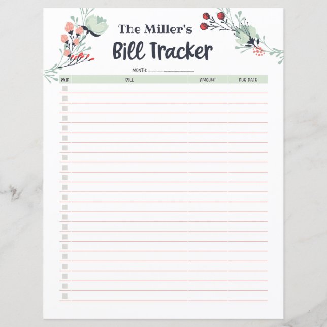 Monthly Bill Tracker in Cute Floral Style (Front)