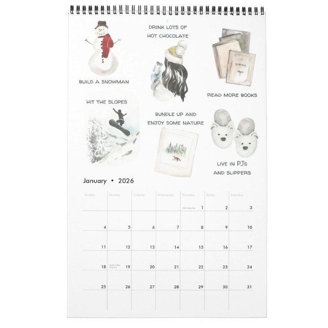 Monthly Bucket List Family Favourites Watercolor Calendar (Jan 2026)