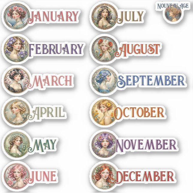 Monthly Floral Girls Art Nouveau Planner Stickers (Front)