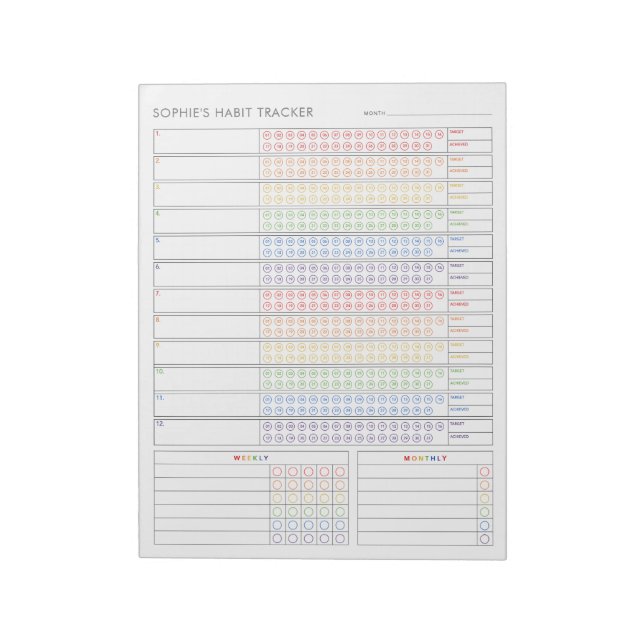 Monthly Habit Tracker - Rainbow Minimalist Planner Notepad (Rotated)