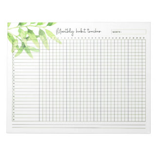 Monthly Habit Tracker Watercolor Green Leaves Notepad