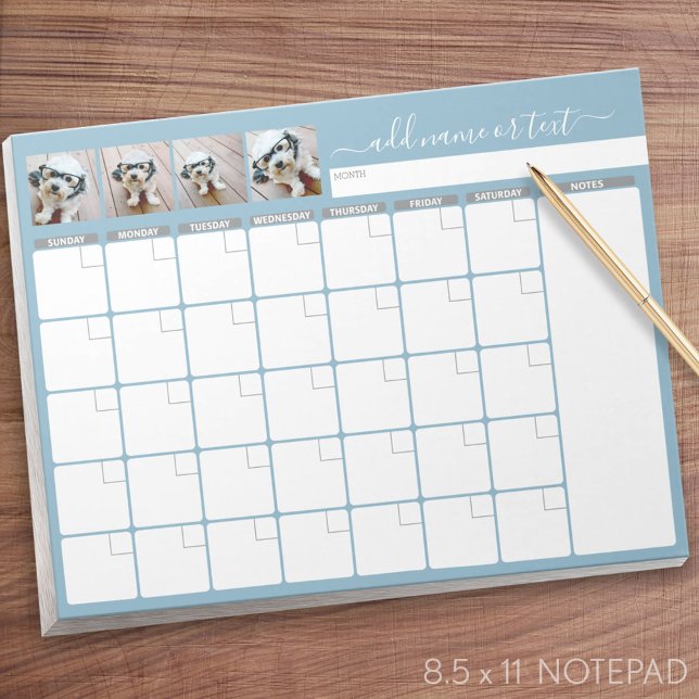 Monthly Planner - modern script and photo blue Notepad (Monthly Planner Notepad - Personalized)