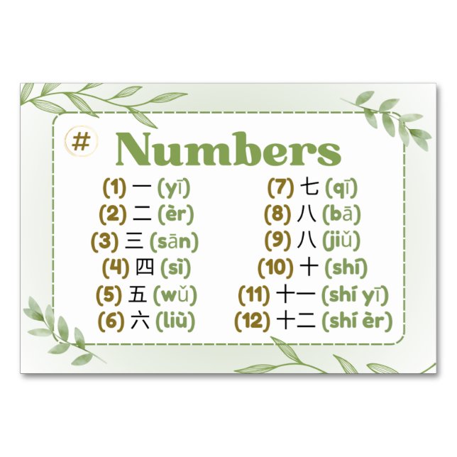 Months in Chinese (Flash Cards) Table Number (Front)