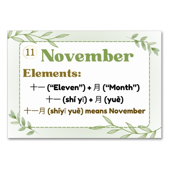 Months in Chinese (Flash Cards) Table Number (Front)