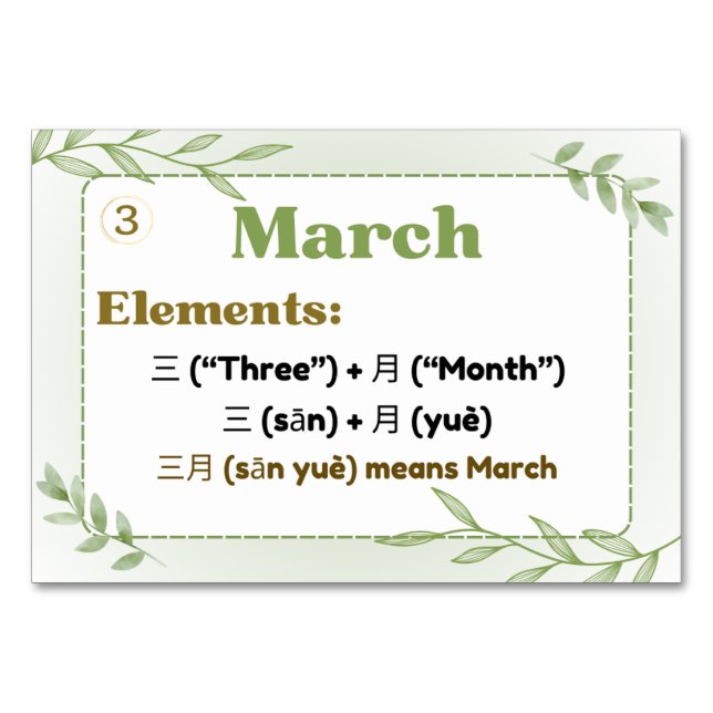 Months in Chinese (Flash Cards)  Table Number (Front)