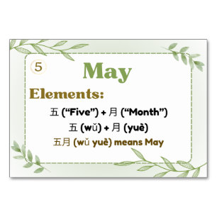Months in Chinese (Flash Cards) Table Number