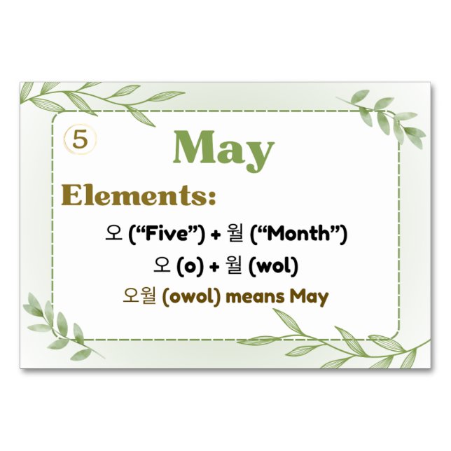Months in Korean Hangul (Flash Cards) Table Number (Front)