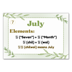 Months in Korean Hangul (Flash Cards) Table Number