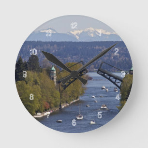 Montlake Bridge and Cascade Mountains Round Clock