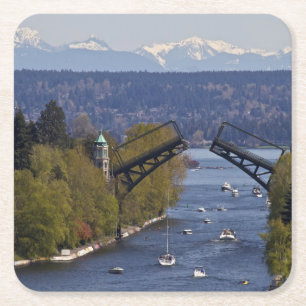 Montlake Bridge and Cascade Mountains Square Paper Coaster