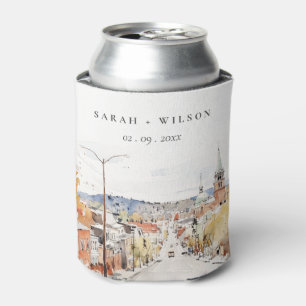 Montpelier City Scape Vermont Watercolor Wedding Can Cooler