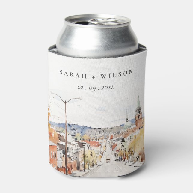 Montpelier City Scape Vermont Watercolor Wedding Can Cooler (Can Front)