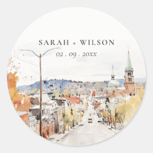 Montpelier City Scape Vermont Watercolor Wedding Classic Round Sticker