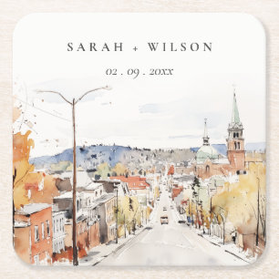 Montpelier City Scape Vermont Watercolor Wedding Square Paper Coaster