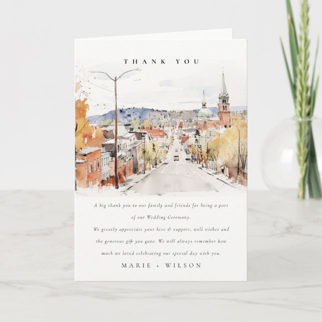 Montpelier City Scape Vermont Watercolor Wedding Thank You Card (Front)