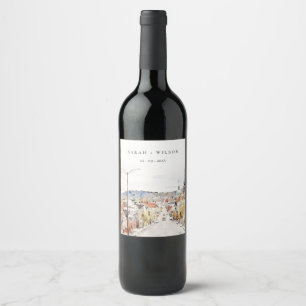 Montpelier City Scape Vermont Watercolor Wedding Wine Label