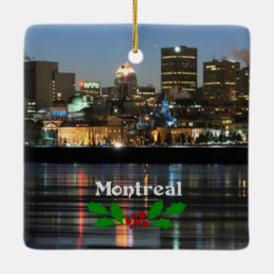 Montreal Skyline with Christmas holly Ceramic Ornament