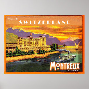 Montreux, lake Geneva, Switzerland, vintage travel Poster