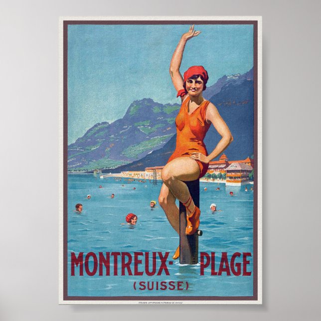 Montreux Plage Suisse Vintage Poster ca. 1920 (Front)