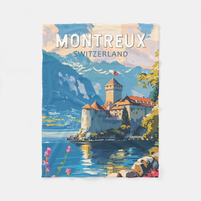 Montreux Switzerland Travel Art Vintage Fleece Blanket (Front)