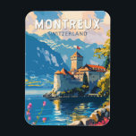 Montreux Switzerland Travel Art Vintage Magnet<br><div class="desc">Montreux retro vector travel design. Montreux is a traditional resort town on Lake Geneva. Nestled between steep hills and the lakeside.</div>