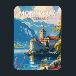 Montreux Switzerland Travel Art Vintage Magnet<br><div class="desc">Montreux retro vector travel design. Montreux is a traditional resort town on Lake Geneva. Nestled between steep hills and the lakeside.</div>