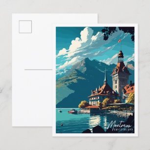 Montreux Switzerland vintage travel illustration Postcard