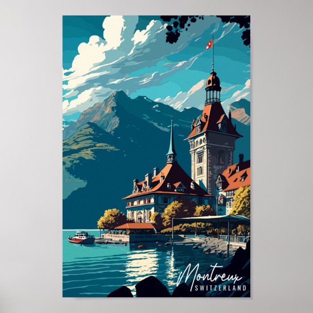 Montreux Switzerland vintage travel illustration Poster (Front)