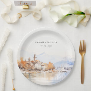 Montreux Switzerland Watercolor Landscape Wedding Paper Plate