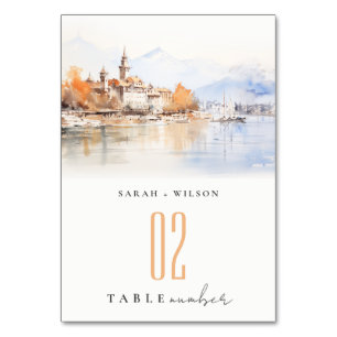 Montreux Switzerland Watercolor Landscape Wedding Table Number