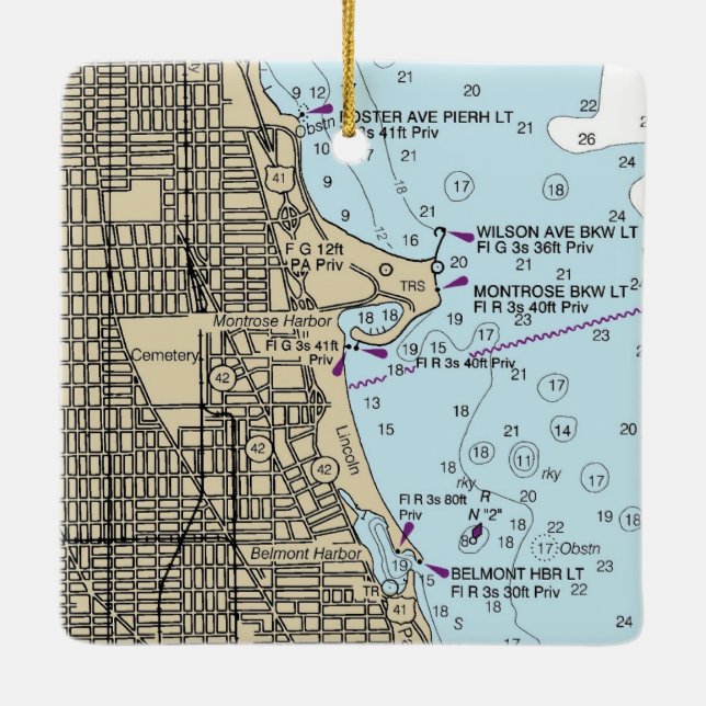Montrose Harbour Chicago Lakefront Chart Ceramic Ornament (Back)