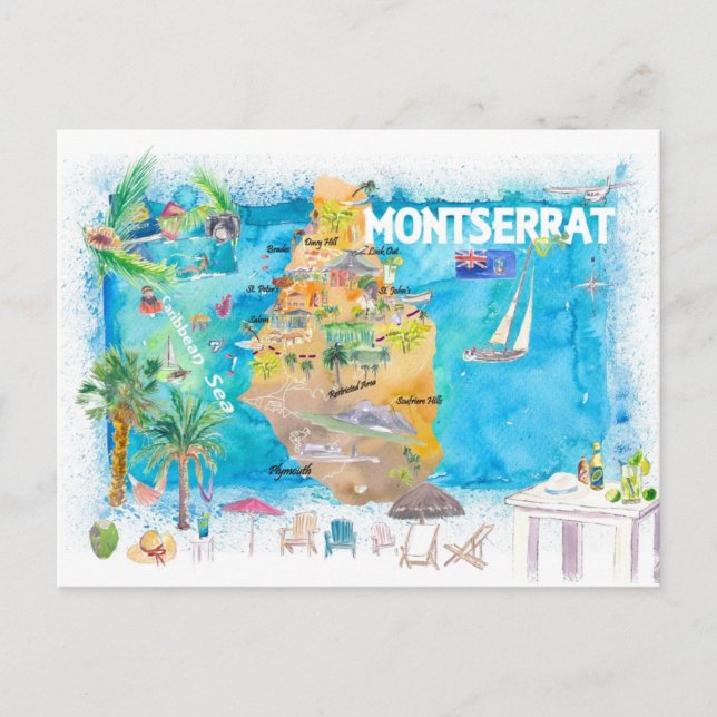 Montserrat Antilles Illustrated Caribbean Travel Postcard (Front)