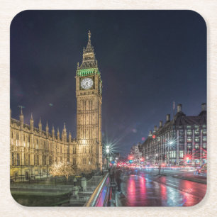 Monuments Big Ben at Night Square Paper Coaster