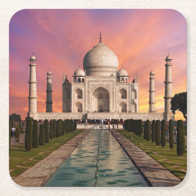Monuments | Colourful View of the Taj Mahal Square Paper Coaster (Front)