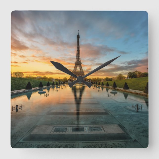Monuments | Eiffel Tower Sunrise Square Wall Clock (Front)