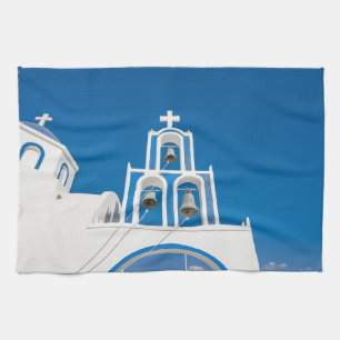 Monuments   Greek Blue Dome Church Tea Towel
