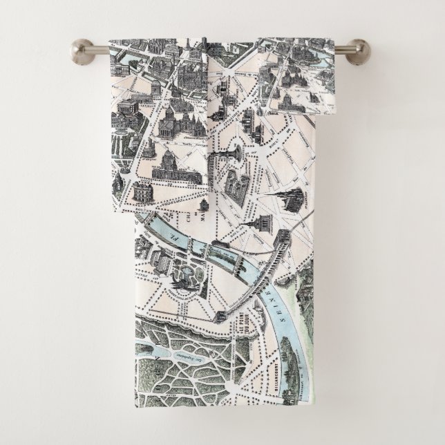 Monuments Map Old Paris 1878 Bath Towel Set (Insitu)