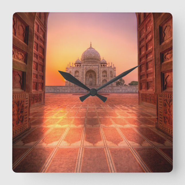 Monuments | Taj Mahal, India at Sunset Square Wall Clock (Front)