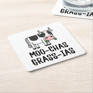 Moo-chas Grass-ias, Muchas Gracias gifts Calf Cow Square Paper Coaster