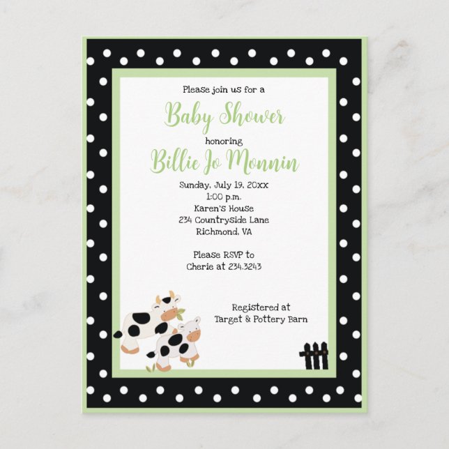 Moo Cow Black white Green Baby Shower Invitation (Front)