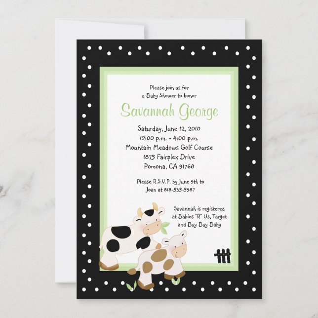 Moo Cow Farm Barnyard Baby Shower Invitations 5x7 (Front)