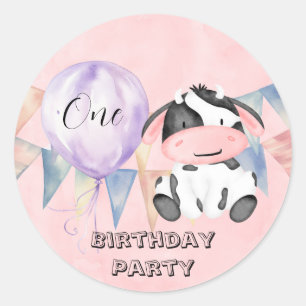 Moo Cow Girl 1st Birthday Party Classic Round Sticker
